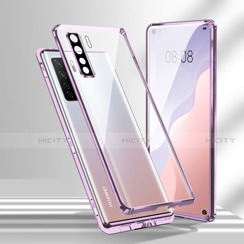 Handyhülle Hülle Luxus Aluminium Metall Rahmen Spiegel 360 Grad Ganzkörper Tasche T02 für Huawei Nova 7 SE 5G Violett