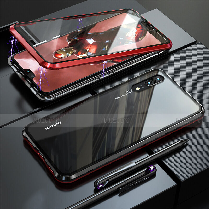 Handyhülle Hülle Luxus Aluminium Metall Rahmen Spiegel 360 Grad Ganzkörper Tasche T02 für Huawei P20 Rot