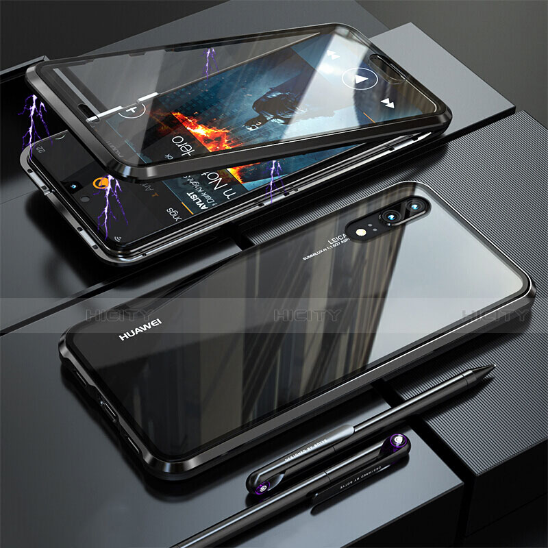 Handyhülle Hülle Luxus Aluminium Metall Rahmen Spiegel 360 Grad Ganzkörper Tasche T02 für Huawei P20 Schwarz