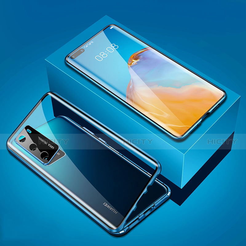 Handyhülle Hülle Luxus Aluminium Metall Rahmen Spiegel 360 Grad Ganzkörper Tasche T02 für Huawei P40 Blau