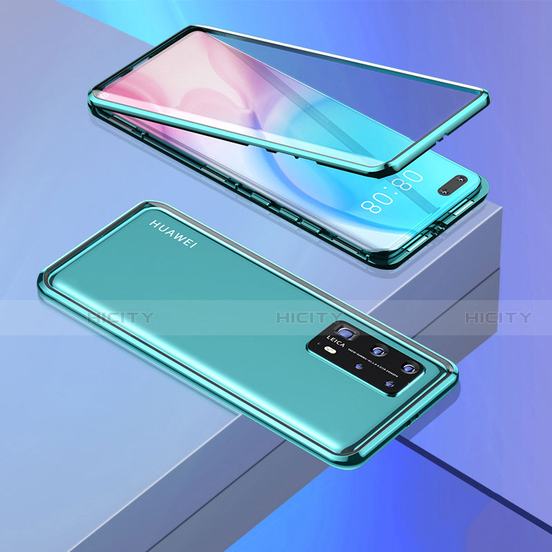 Handyhülle Hülle Luxus Aluminium Metall Rahmen Spiegel 360 Grad Ganzkörper Tasche T02 für Huawei P40 Pro+ Plus Cyan