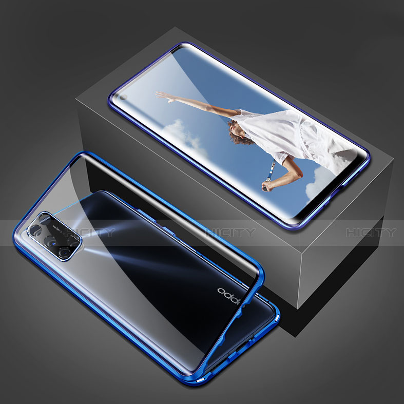 Handyhülle Hülle Luxus Aluminium Metall Rahmen Spiegel 360 Grad Ganzkörper Tasche T02 für Oppo A52 Blau