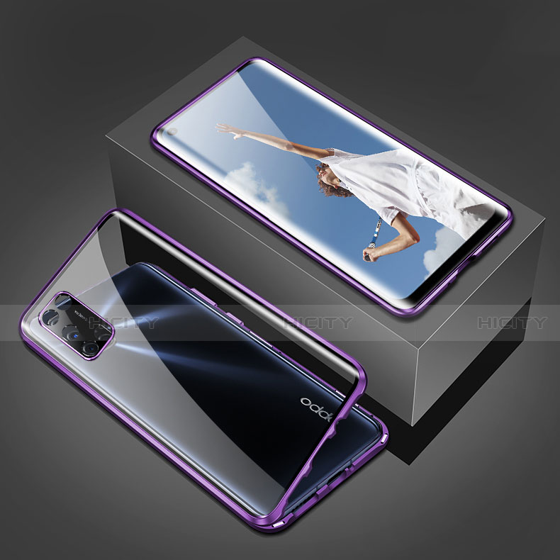 Handyhülle Hülle Luxus Aluminium Metall Rahmen Spiegel 360 Grad Ganzkörper Tasche T02 für Oppo A92 Violett