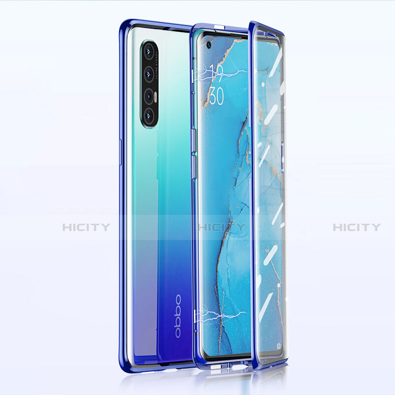 Handyhülle Hülle Luxus Aluminium Metall Rahmen Spiegel 360 Grad Ganzkörper Tasche T02 für Oppo Reno3 Pro Blau