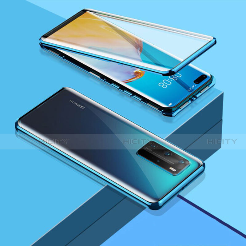 Handyhülle Hülle Luxus Aluminium Metall Rahmen Spiegel 360 Grad Ganzkörper Tasche T03 für Huawei P40 Pro Blau Plus