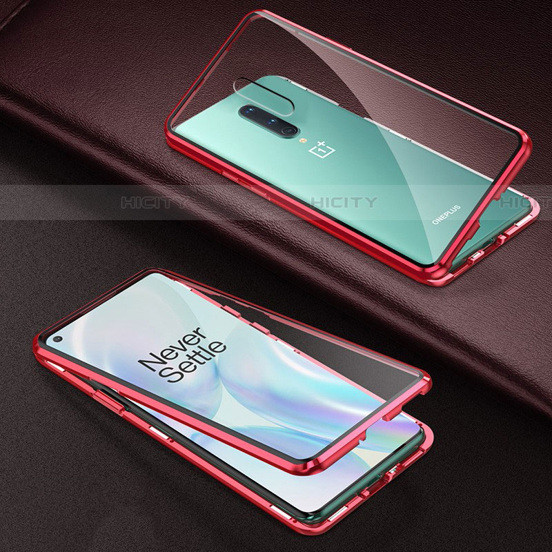 Handyhülle Hülle Luxus Aluminium Metall Rahmen Spiegel 360 Grad Ganzkörper Tasche T03 für OnePlus 8 Rot Plus