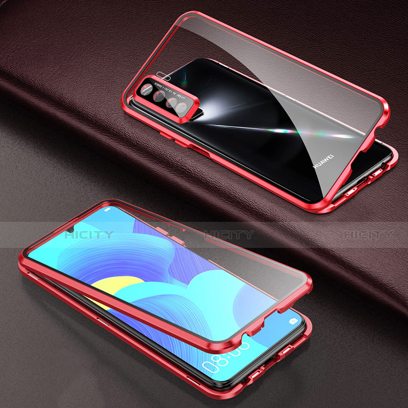 Handyhülle Hülle Luxus Aluminium Metall Rahmen Spiegel 360 Grad Ganzkörper Tasche T03 für Oppo F15 Rot