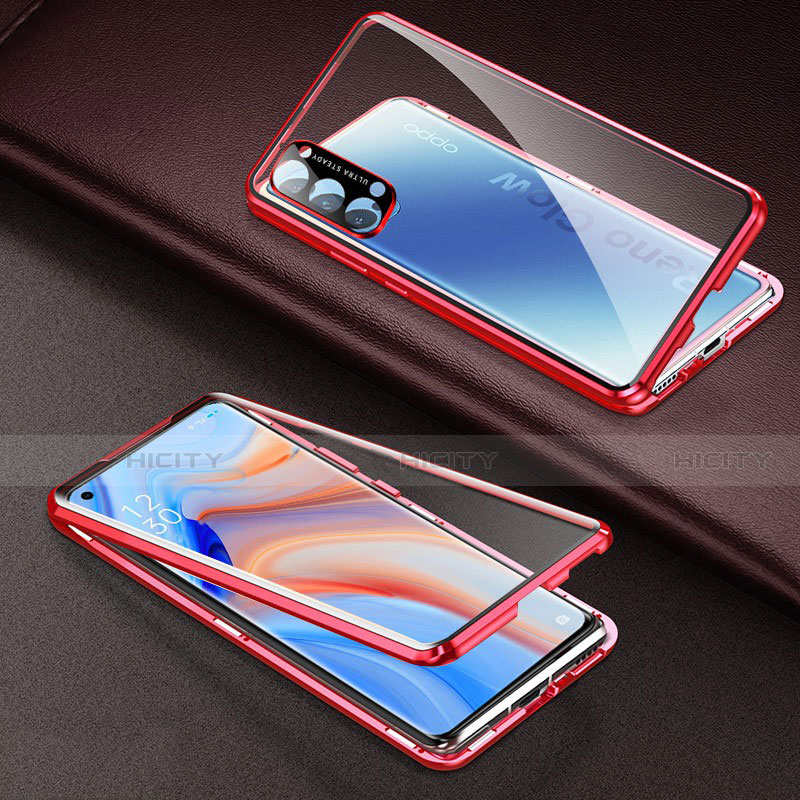 Handyhülle Hülle Luxus Aluminium Metall Rahmen Spiegel 360 Grad Ganzkörper Tasche T03 für Oppo Reno4 Pro 5G Rot