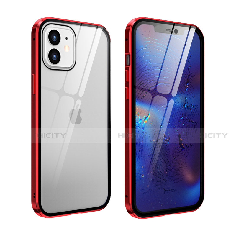 Handyhülle Hülle Luxus Aluminium Metall Rahmen Spiegel 360 Grad Ganzkörper Tasche T04 für Apple iPhone 12 Mini Rot