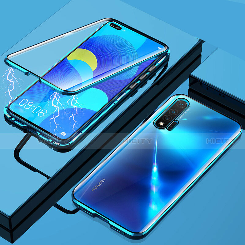 Handyhülle Hülle Luxus Aluminium Metall Rahmen Spiegel 360 Grad Ganzkörper Tasche T04 für Huawei Nova 6 Blau