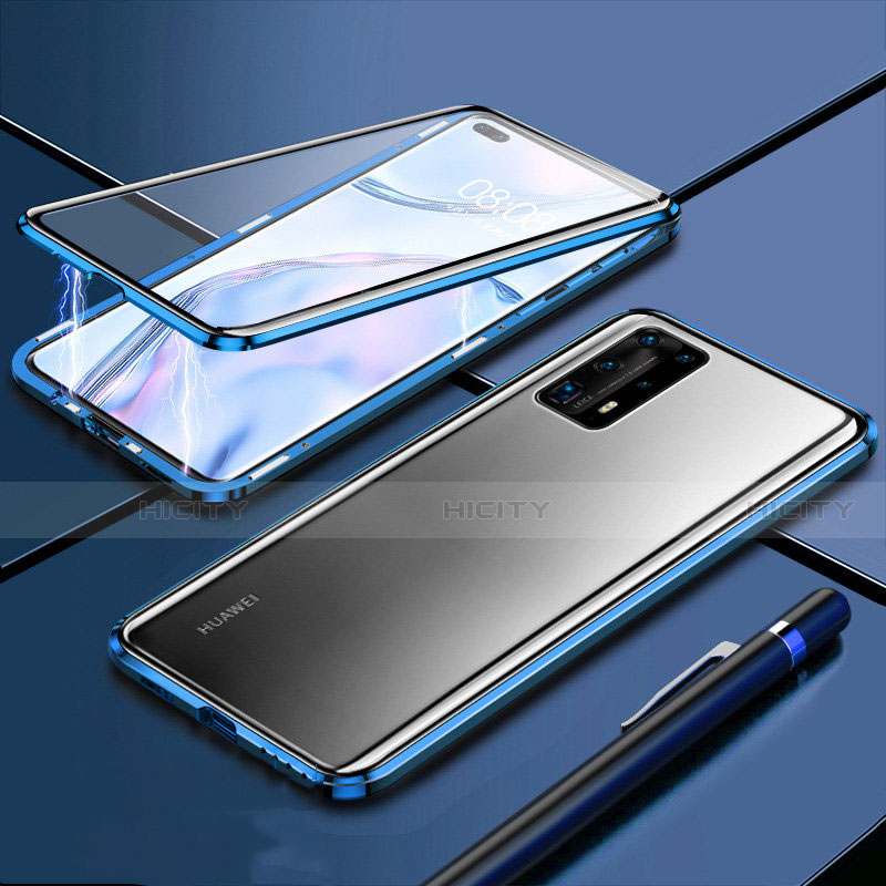 Handyhülle Hülle Luxus Aluminium Metall Rahmen Spiegel 360 Grad Ganzkörper Tasche T04 für Huawei P40 Pro+ Plus Blau