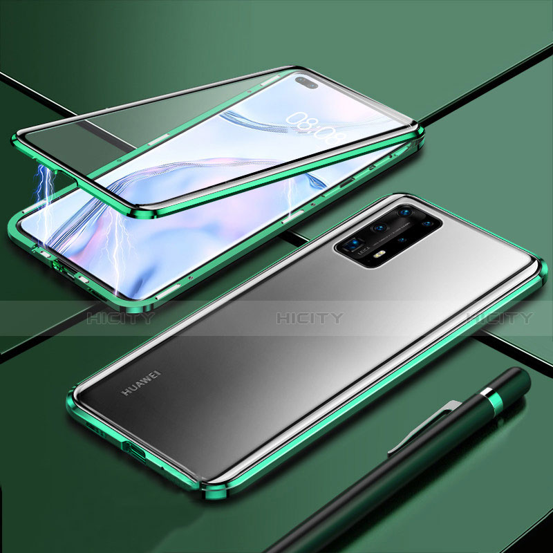 Handyhülle Hülle Luxus Aluminium Metall Rahmen Spiegel 360 Grad Ganzkörper Tasche T04 für Huawei P40 Pro+ Plus Grün