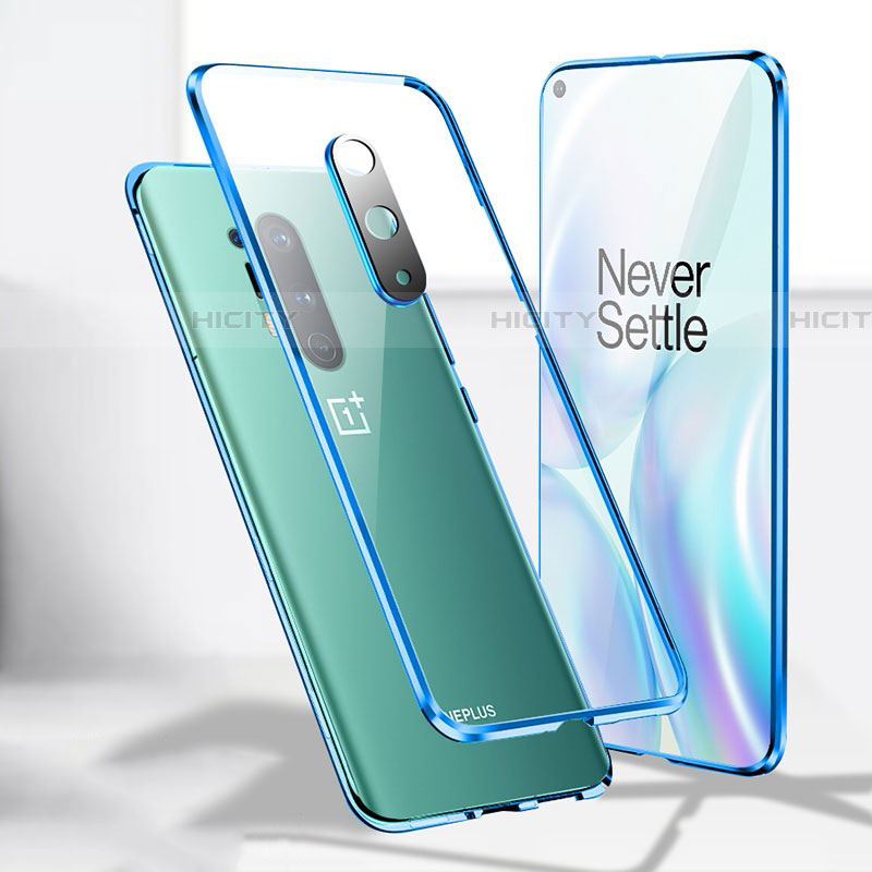 Handyhülle Hülle Luxus Aluminium Metall Rahmen Spiegel 360 Grad Ganzkörper Tasche T04 für OnePlus 8 Pro Blau