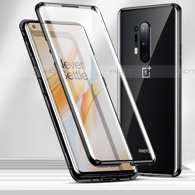 Handyhülle Hülle Luxus Aluminium Metall Rahmen Spiegel 360 Grad Ganzkörper Tasche T04 für OnePlus 8 Pro Schwarz Plus