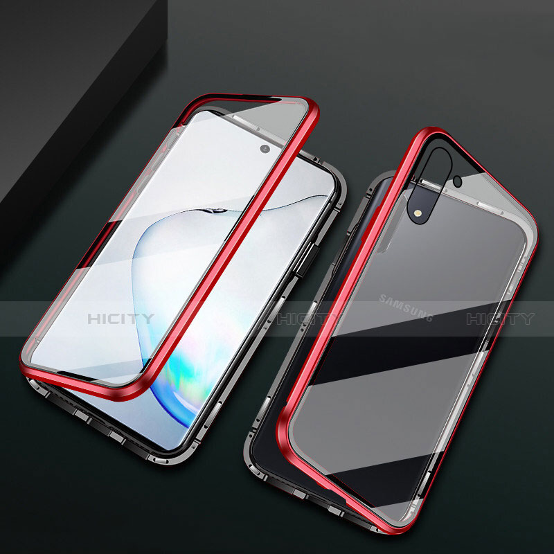 Handyhülle Hülle Luxus Aluminium Metall Rahmen Spiegel 360 Grad Ganzkörper Tasche T04 für Samsung Galaxy Note 10 Rot und Schwarz