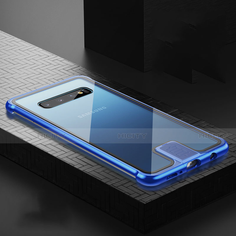 Handyhülle Hülle Luxus Aluminium Metall Rahmen Spiegel 360 Grad Ganzkörper Tasche T04 für Samsung Galaxy S10 Plus Blau