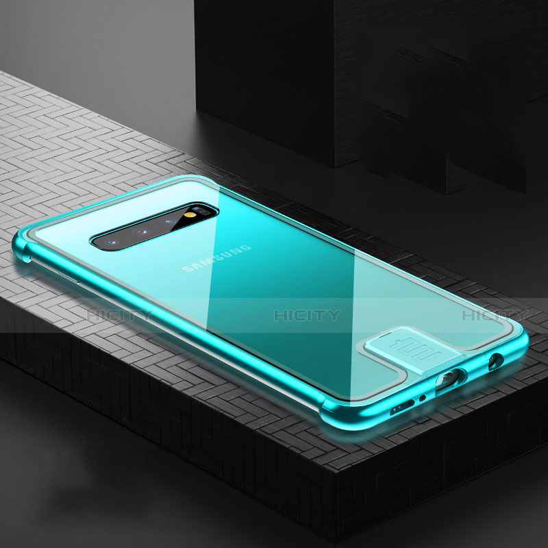 Handyhülle Hülle Luxus Aluminium Metall Rahmen Spiegel 360 Grad Ganzkörper Tasche T04 für Samsung Galaxy S10 Plus Cyan