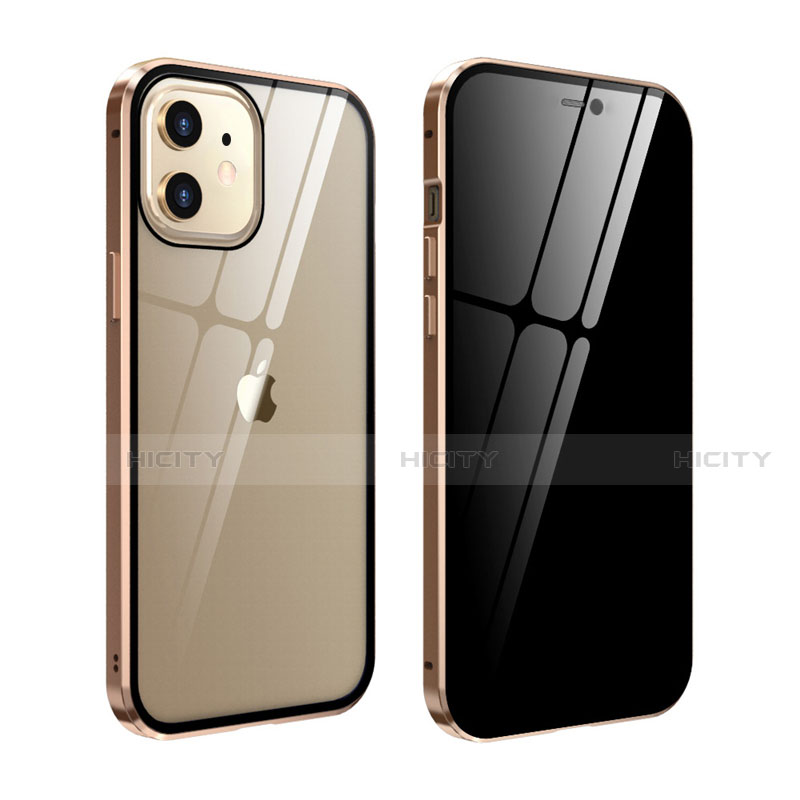 Handyhülle Hülle Luxus Aluminium Metall Rahmen Spiegel 360 Grad Ganzkörper Tasche T05 für Apple iPhone 12 Gold