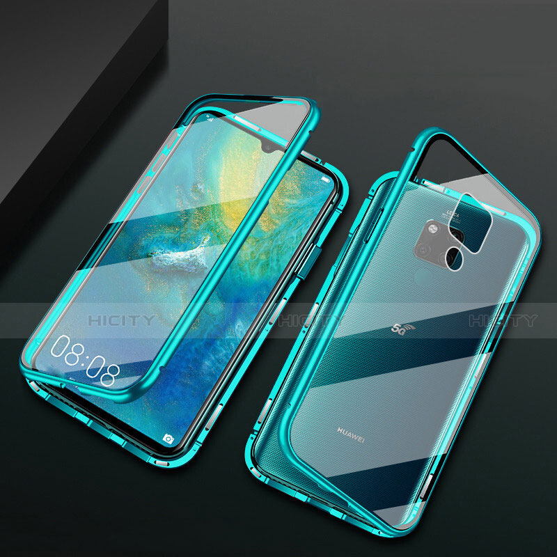 Handyhülle Hülle Luxus Aluminium Metall Rahmen Spiegel 360 Grad Ganzkörper Tasche T05 für Huawei Mate 20 X 5G Cyan Plus