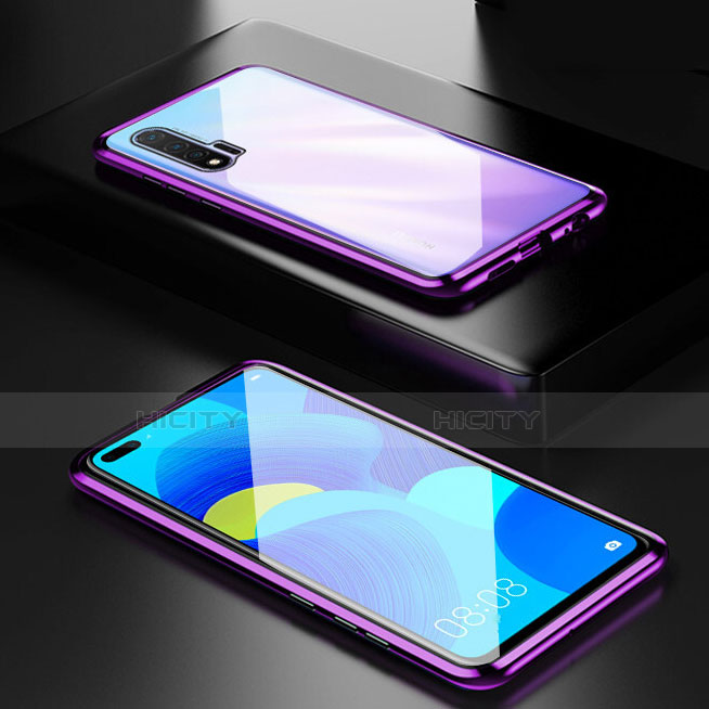 Handyhülle Hülle Luxus Aluminium Metall Rahmen Spiegel 360 Grad Ganzkörper Tasche T05 für Huawei Nova 6 Violett