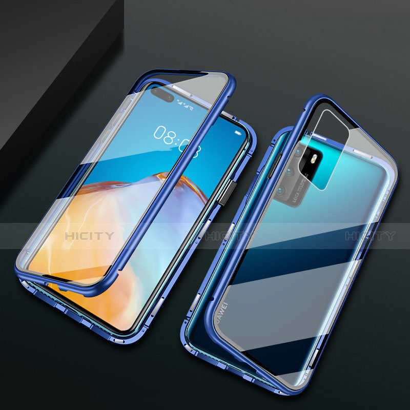 Handyhülle Hülle Luxus Aluminium Metall Rahmen Spiegel 360 Grad Ganzkörper Tasche T05 für Huawei P40 Blau