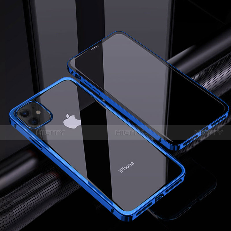 Handyhülle Hülle Luxus Aluminium Metall Rahmen Spiegel 360 Grad Ganzkörper Tasche T06 für Apple iPhone 12 Mini Blau