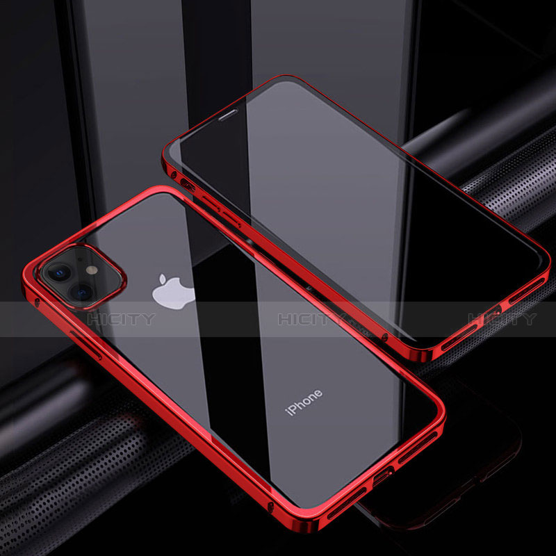 Handyhülle Hülle Luxus Aluminium Metall Rahmen Spiegel 360 Grad Ganzkörper Tasche T06 für Apple iPhone 12 Mini Rot