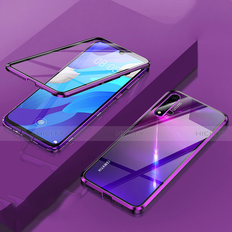 Handyhülle Hülle Luxus Aluminium Metall Rahmen Spiegel 360 Grad Ganzkörper Tasche T06 für Huawei Nova 5 Pro Violett