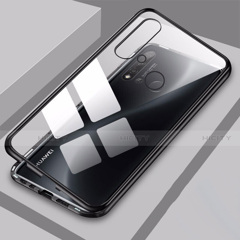 Handyhülle Hülle Luxus Aluminium Metall Rahmen Spiegel 360 Grad Ganzkörper Tasche T06 für Huawei Nova 5i Schwarz