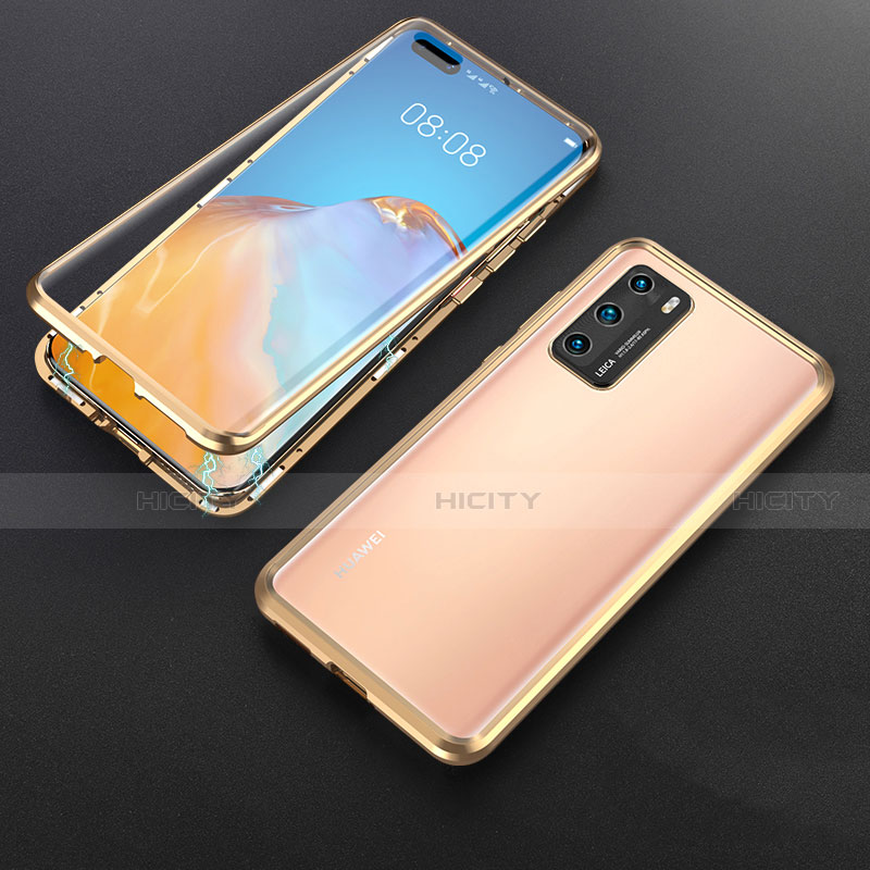 Handyhülle Hülle Luxus Aluminium Metall Rahmen Spiegel 360 Grad Ganzkörper Tasche T06 für Huawei P40 Gold