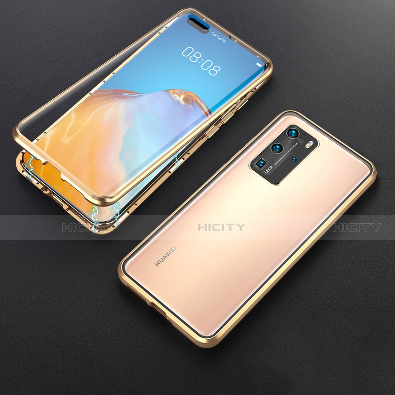 Handyhülle Hülle Luxus Aluminium Metall Rahmen Spiegel 360 Grad Ganzkörper Tasche T06 für Huawei P40 Pro Gold