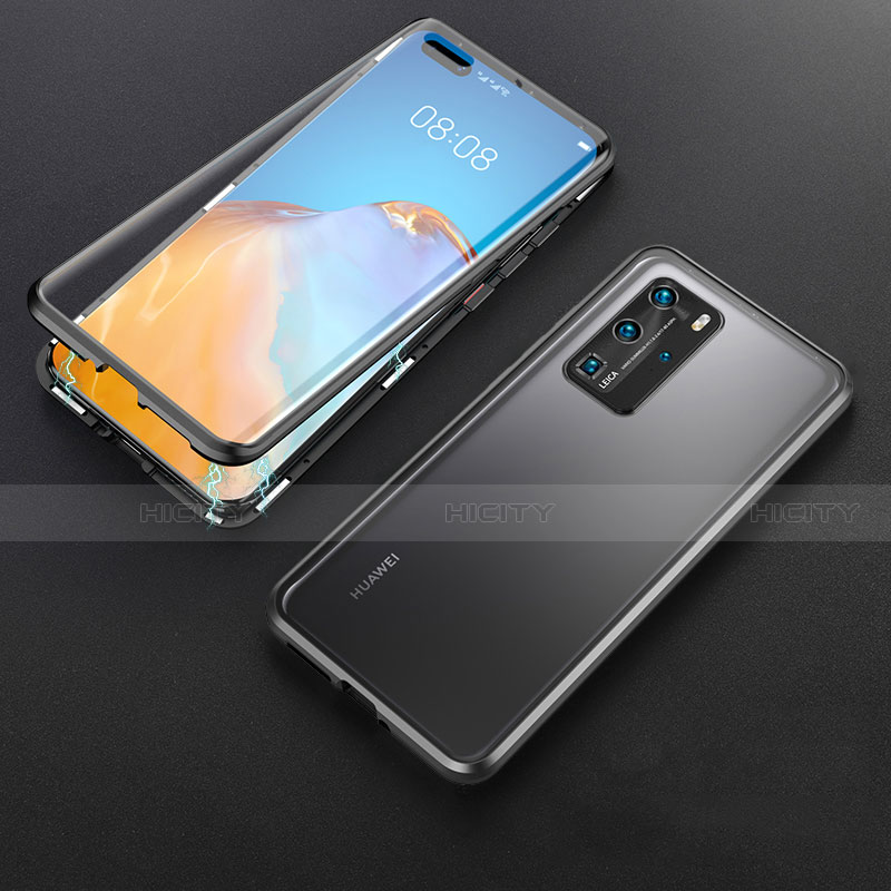 Handyhülle Hülle Luxus Aluminium Metall Rahmen Spiegel 360 Grad Ganzkörper Tasche T06 für Huawei P40 Pro Schwarz