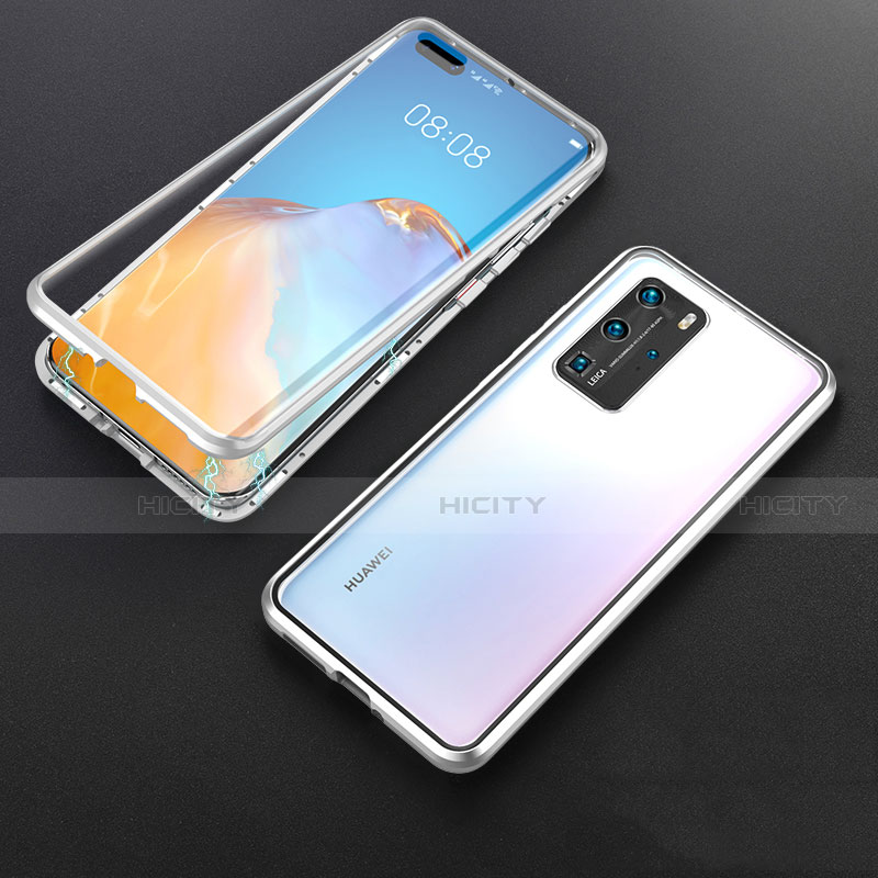 Handyhülle Hülle Luxus Aluminium Metall Rahmen Spiegel 360 Grad Ganzkörper Tasche T06 für Huawei P40 Pro Silber