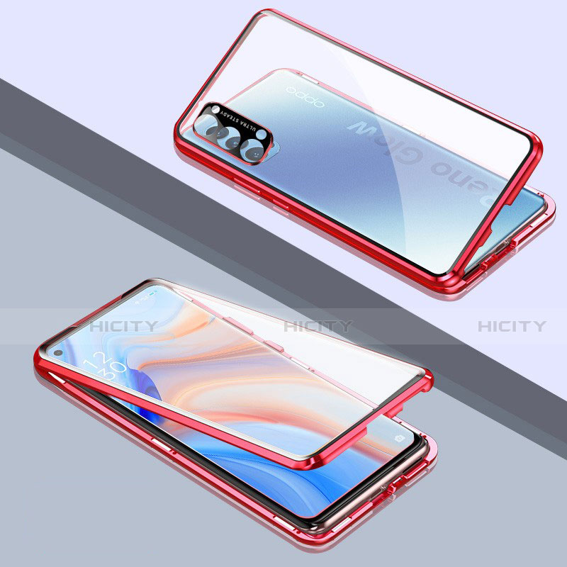 Handyhülle Hülle Luxus Aluminium Metall Rahmen Spiegel 360 Grad Ganzkörper Tasche T06 für Oppo Reno4 Pro 5G Rot Plus