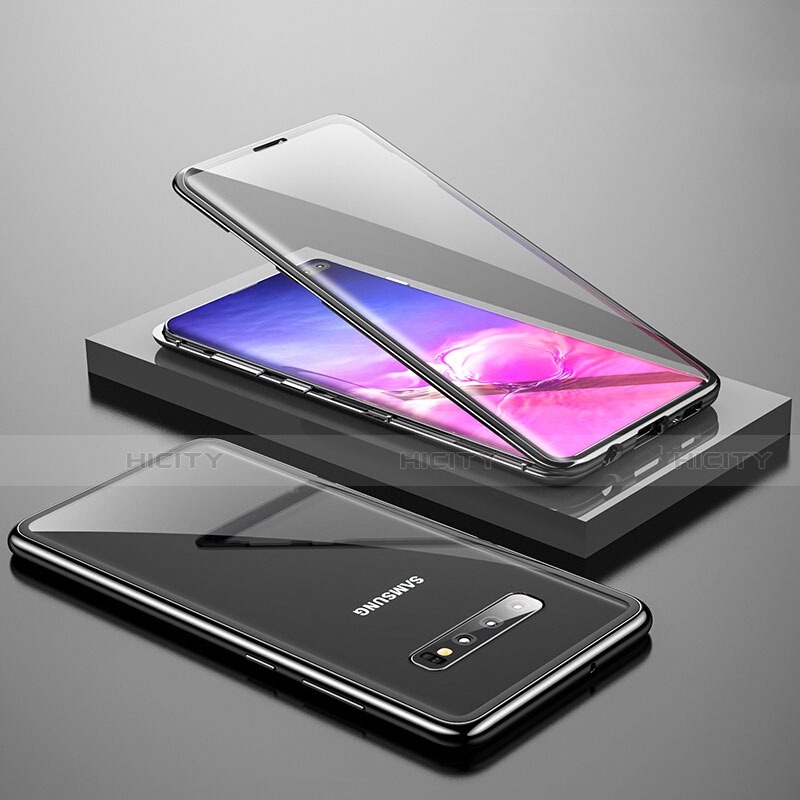 Handyhülle Hülle Luxus Aluminium Metall Rahmen Spiegel 360 Grad Ganzkörper Tasche T06 für Samsung Galaxy S10 Plus Schwarz
