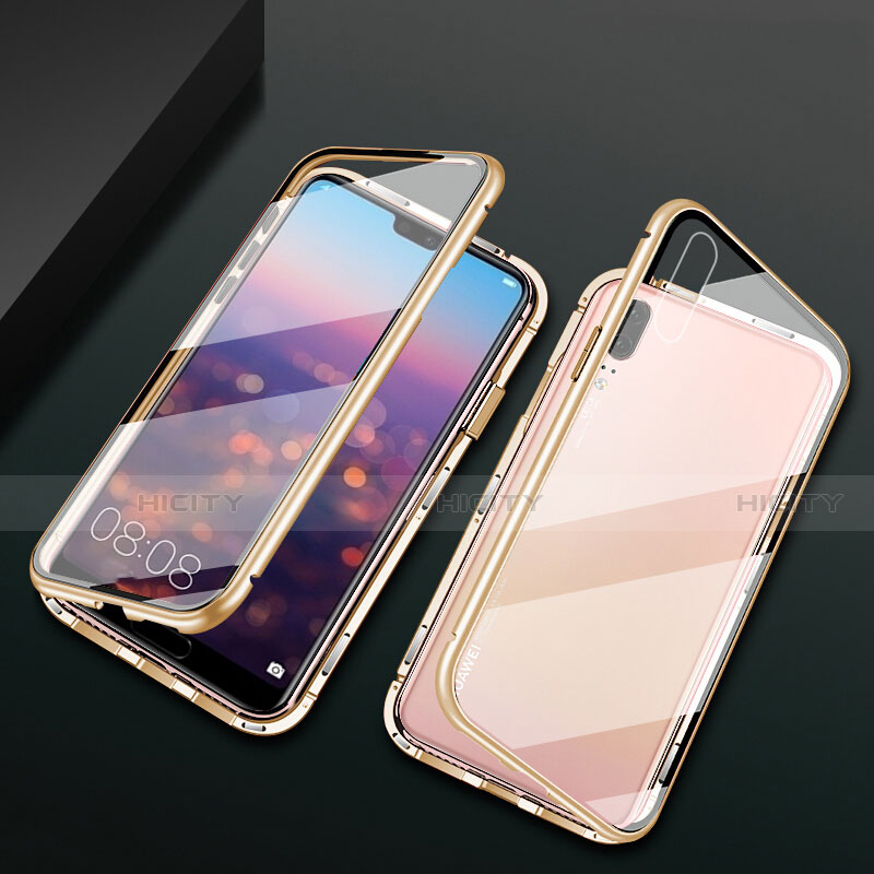 Handyhülle Hülle Luxus Aluminium Metall Rahmen Spiegel 360 Grad Ganzkörper Tasche T07 für Huawei P20 Gold Plus