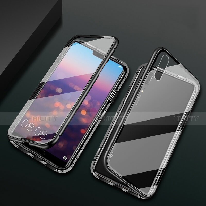 Handyhülle Hülle Luxus Aluminium Metall Rahmen Spiegel 360 Grad Ganzkörper Tasche T07 für Huawei P20 Schwarz