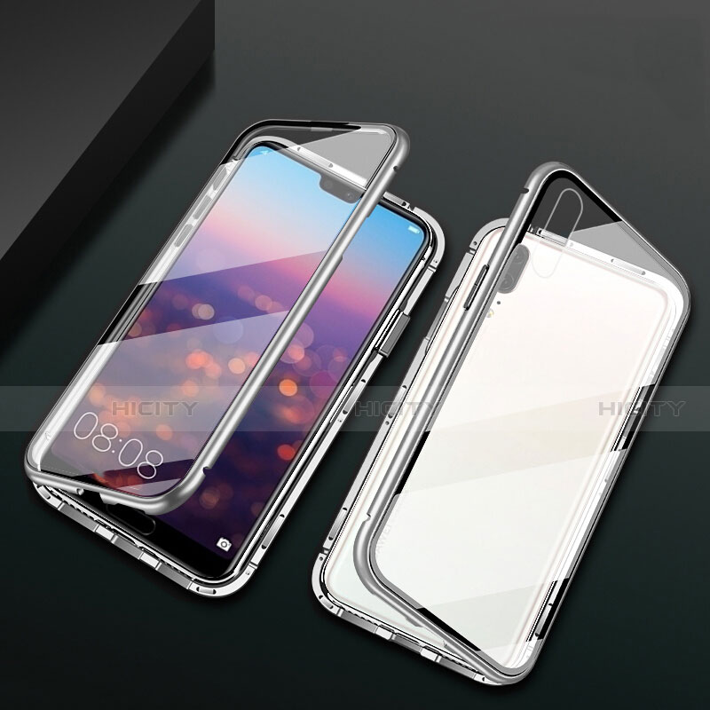 Handyhülle Hülle Luxus Aluminium Metall Rahmen Spiegel 360 Grad Ganzkörper Tasche T07 für Huawei P20 Silber