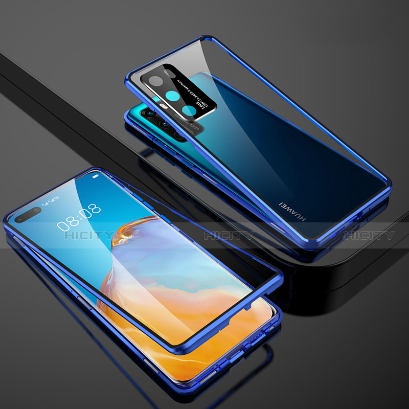 Handyhülle Hülle Luxus Aluminium Metall Rahmen Spiegel 360 Grad Ganzkörper Tasche T07 für Huawei P40 Blau