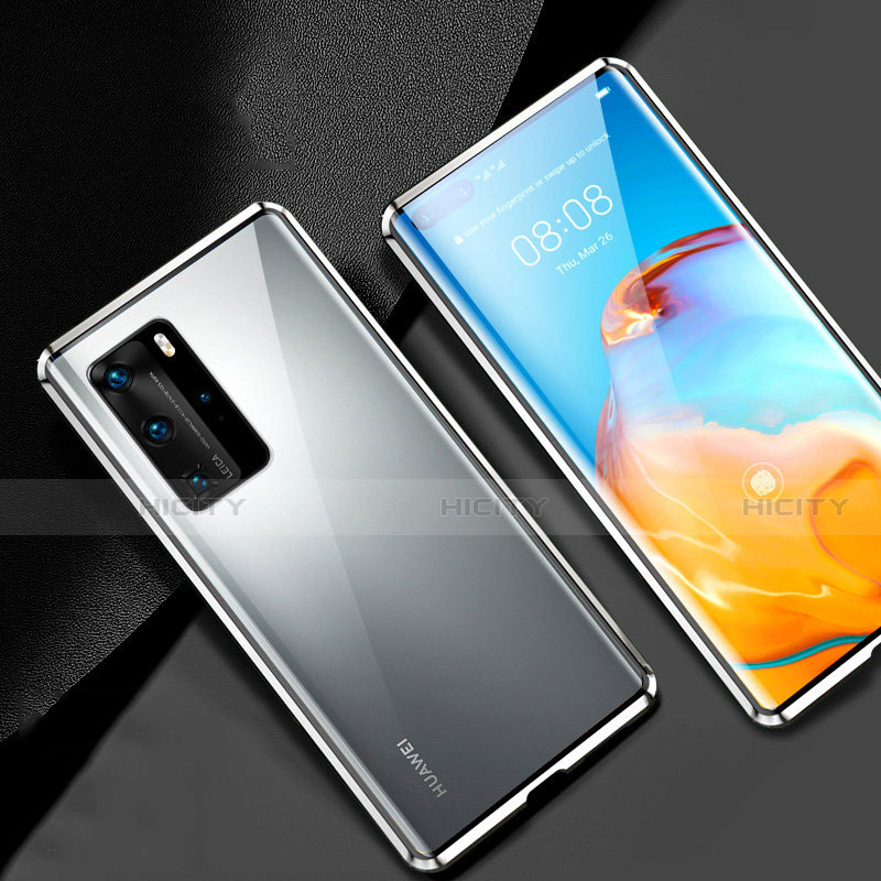 Handyhülle Hülle Luxus Aluminium Metall Rahmen Spiegel 360 Grad Ganzkörper Tasche T07 für Huawei P40 Pro Silber