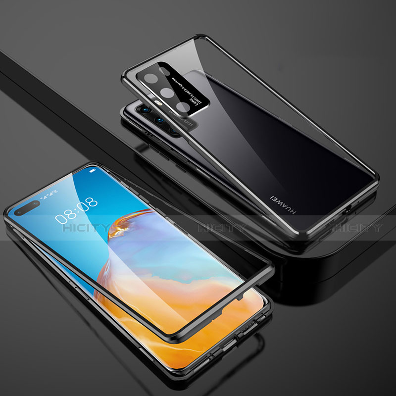 Handyhülle Hülle Luxus Aluminium Metall Rahmen Spiegel 360 Grad Ganzkörper Tasche T07 für Huawei P40 Schwarz