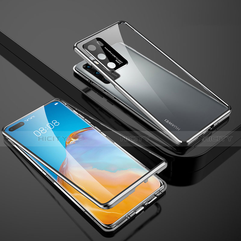 Handyhülle Hülle Luxus Aluminium Metall Rahmen Spiegel 360 Grad Ganzkörper Tasche T07 für Huawei P40 Silber