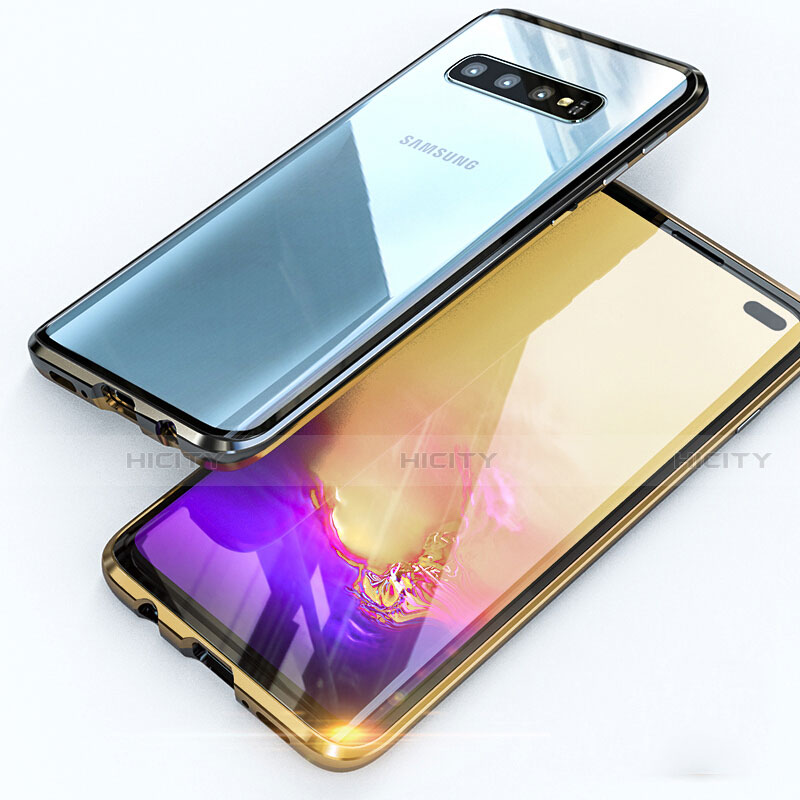 Handyhülle Hülle Luxus Aluminium Metall Rahmen Spiegel 360 Grad Ganzkörper Tasche T07 für Samsung Galaxy S10 Plus Gold und Schwarz