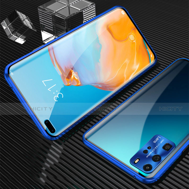 Handyhülle Hülle Luxus Aluminium Metall Rahmen Spiegel 360 Grad Ganzkörper Tasche T12 für Huawei P40 Pro Blau