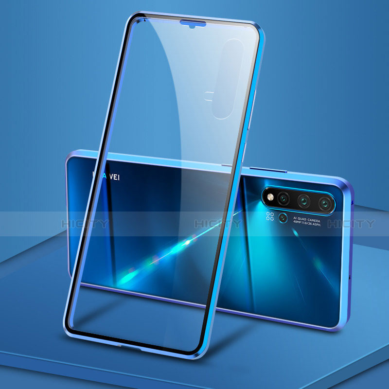 Handyhülle Hülle Luxus Aluminium Metall Rahmen Spiegel 360 Grad Ganzkörper Tasche T15 für Huawei Nova 5 Pro Blau