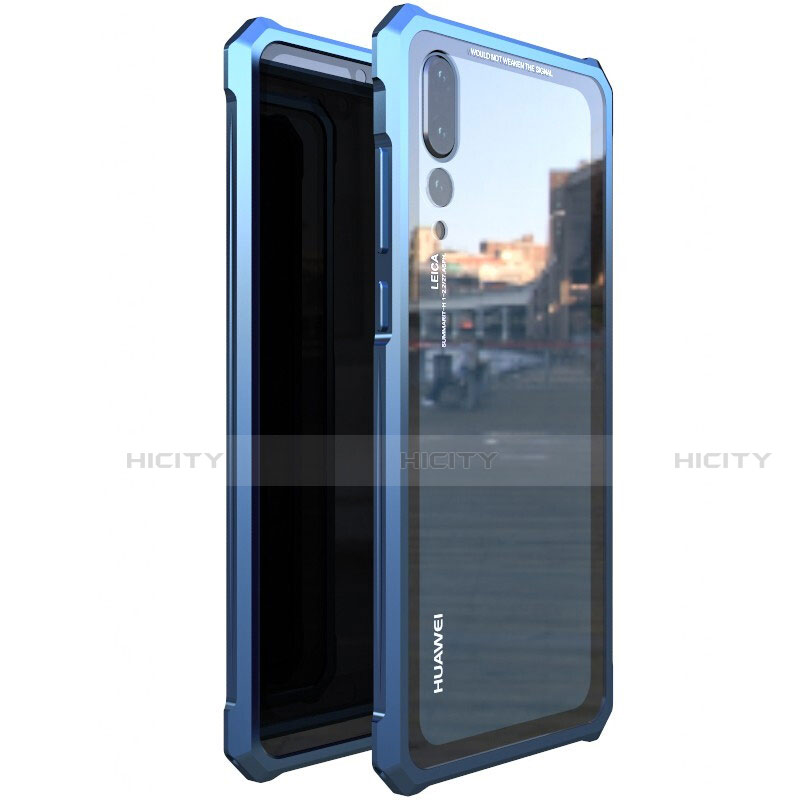 Handyhülle Hülle Luxus Aluminium Metall Rahmen Spiegel 360 Grad Tasche D01 für Huawei P20 Pro Blau