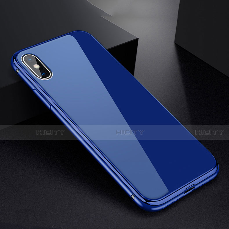 Handyhülle Hülle Luxus Aluminium Metall Rahmen Spiegel 360 Grad Tasche für Apple iPhone Xs Blau