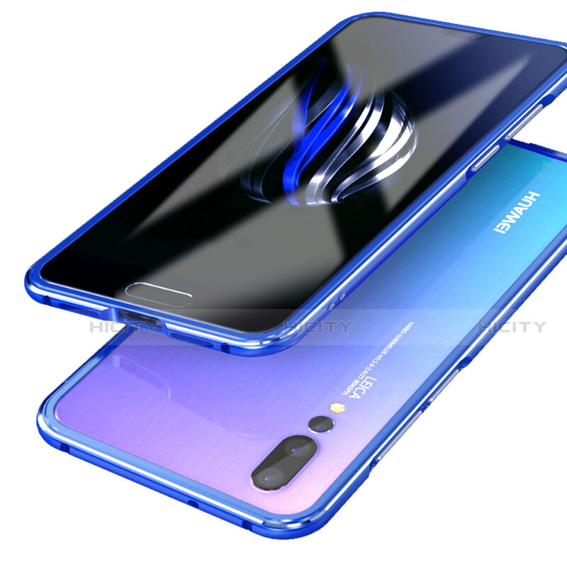 Handyhülle Hülle Luxus Aluminium Metall Rahmen Spiegel 360 Grad Tasche für Huawei P20 Pro Blau