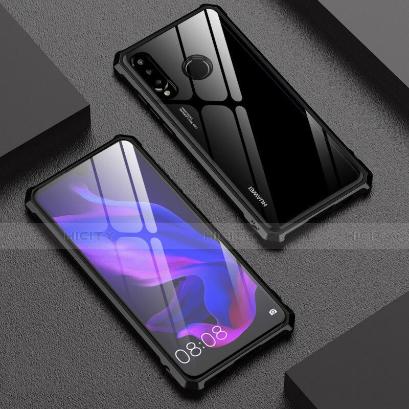 Handyhülle Hülle Luxus Aluminium Metall Rahmen Spiegel 360 Grad Tasche für Huawei P30 Lite Schwarz