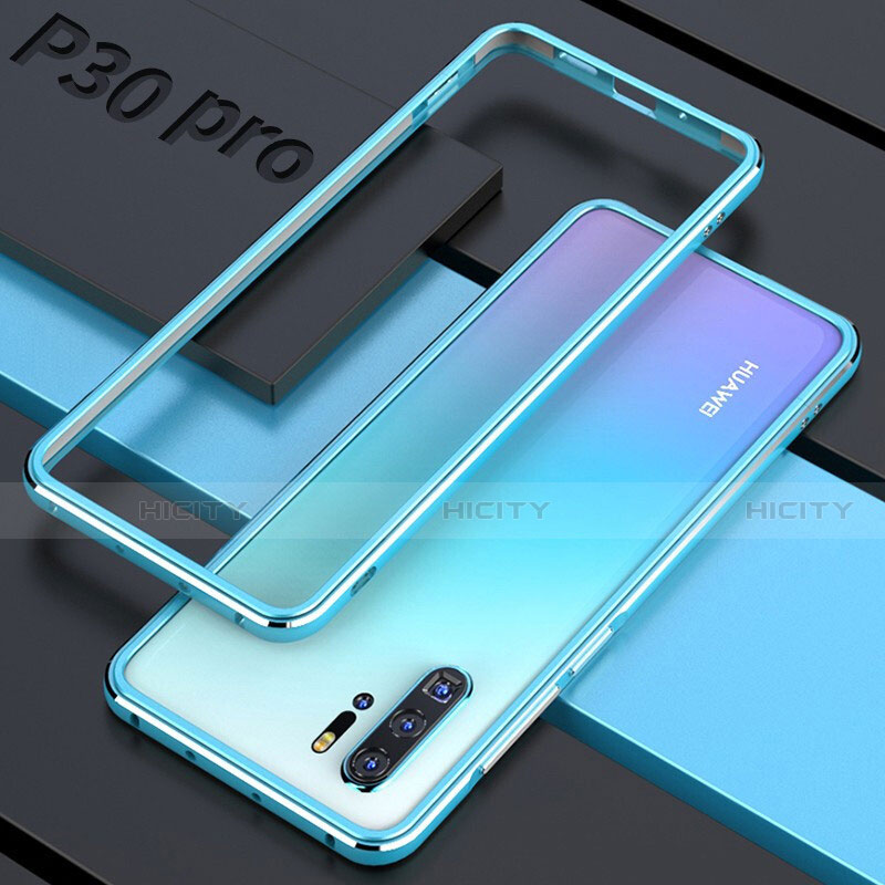 Handyhülle Hülle Luxus Aluminium Metall Rahmen Spiegel 360 Grad Tasche für Huawei P30 Pro Hellblau